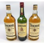 Two 70 cl bottles of Teacher's Scotch whisky; a 70 cl bottle of Jameson's Irish whiskey