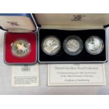 1994 coin set: USA $1, GB 50p, France 1 Fr, silver proof 1977 crown