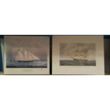 Three mounted prints of ships: Yachts of America's Cup 'The Schooner', 'HMS Winchester' and the '