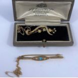 An ornate bar brooch set seed pearls, stamped '9ct'; a yellow metal bar brooch set seed pearl and