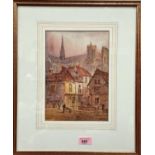 E. NEVIL, FRANCE, 19th century, watercolour, AMIENS street scene with cathedral, signed, 26 x