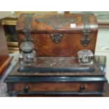 A Victorian burr walnut desk compendium with ink well, lidded letter rack and drawer