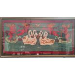 A Kozani flat weave rug decorated with cupids and swans, c. 1900-1920, 67 x 148 cm, framed,