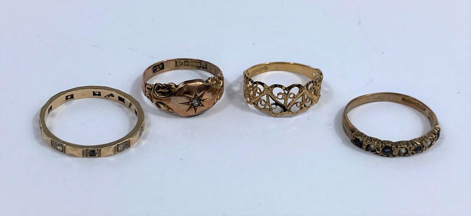Four various 9 carat hallmarked gold dress rings, 5.1 gm