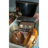 A 19th century copper conical jug; a hat box; bric-a-brac; a vintage Pye radio; etc.