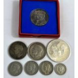 GB: 1935 silver medal, halfcrowns (2), 1s (3), 6d, USA silver $1 2003