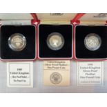 GB: three silver piedfort £1 coins, 1985, 1989, 1994