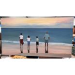 A large modern oil on canvas, 4 figures standing in the shallows at sunset, signed Sal, 80 x 150cm