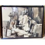 Paresh Maity (B.1965 Indian) Monochrome gouache on paper of Blacksmithing scene, four men around