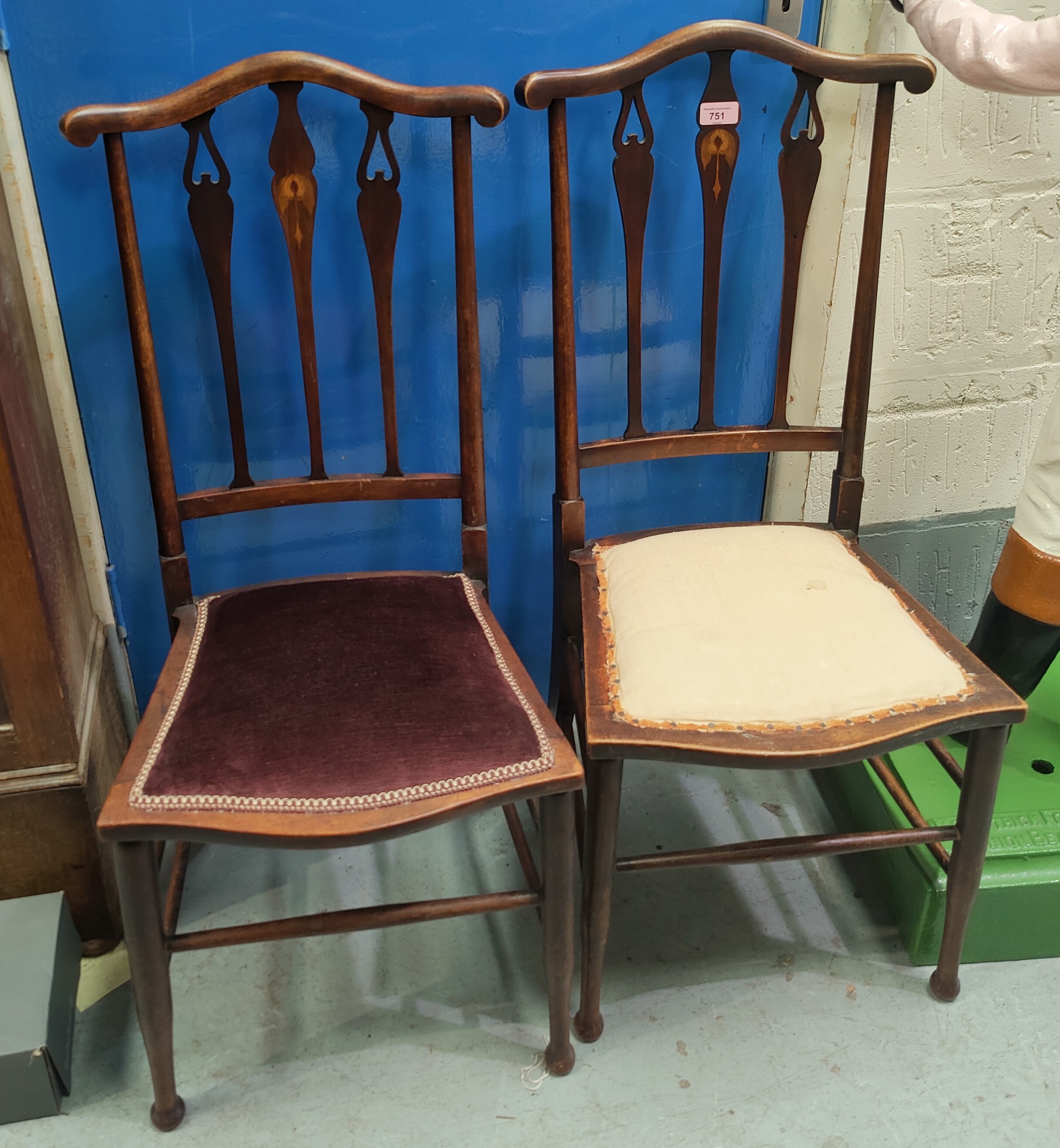 An Edwardian pair of Art Nouveau salon chairs with inlaid motif; an Arts & Crafts ladderback chair