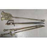 A set of 3 Victorian style brass fire irons etc