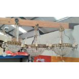 A pair of 6 branch centre light fittings/chandeliers in gilt metal and faceted glass beads; a