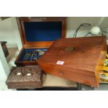 A 19th century rectangular mahogany sewing box 33cm, a similar cutlery box 42cm and a carved wood