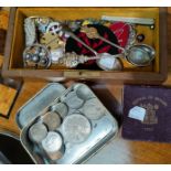 A selection of costume jewellery; enamel; badges; coins; etc.