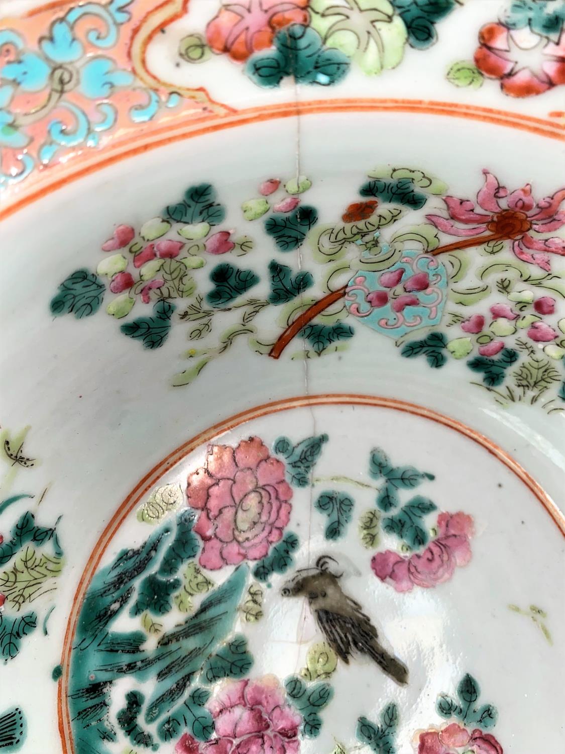 A Chinese famille rose bowl, d. 29cm (restored) and 2 Chinese blue and white plates - Image 3 of 9