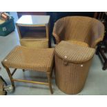 2 gilt Lloyd Loom armchairs; a Lloyd Loom bedside cabinet, linen basket and stool