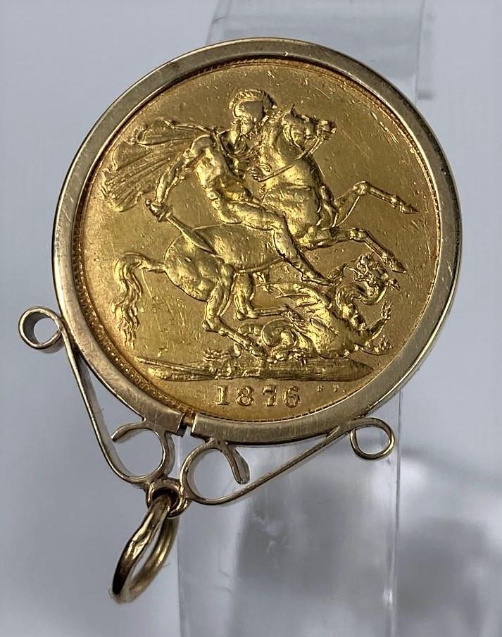 A Victorian sovereign 1876, in 9 carat hallmarked gold clip mount, 9.7 gm gross - Image 2 of 2