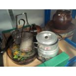 A large stoneware dish and a jar; kitchenalia; baskets
