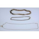 A flattened curb link bracelet, stamped '375'; two 9 carat gold fine chains, 5.4 gm