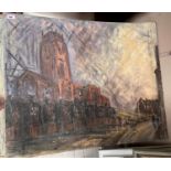 Northern School: The Anglican Cathedral, Liverpool, oil on board, 75 x 90 cm, unframed, partial