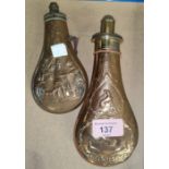 A Victorian brass powder flask embossed with game, J.Barlow Patent, 20cm and another