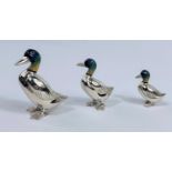A continental set of 3 graduating mallard ducks in silver and enamel, London import marks