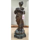 A bronze finish cast metal figure of "Chatelaine" after G Omreth, variegated green marble base, 30cm