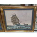 An oil on canvas of a sailing ship in the foreground and a Liner in the background, 40 x 50cm, in
