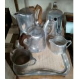 Six pieces of Picquot ware, tray, two coffee pots, a teapot and two milk jugs