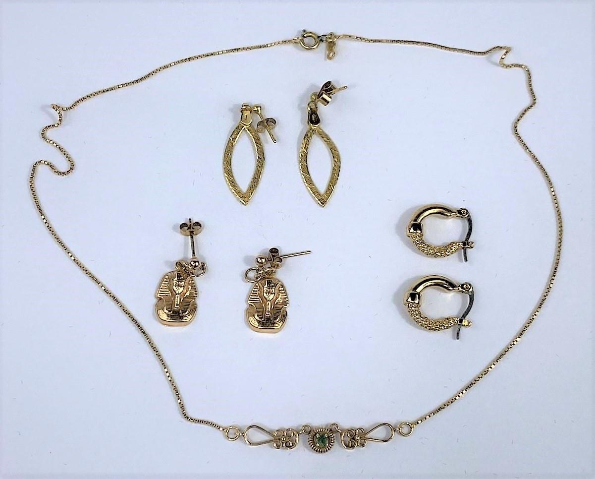 A gem set pendant; a pair of Pharaoh head earrings; 2 pairs of earrings, unmarked