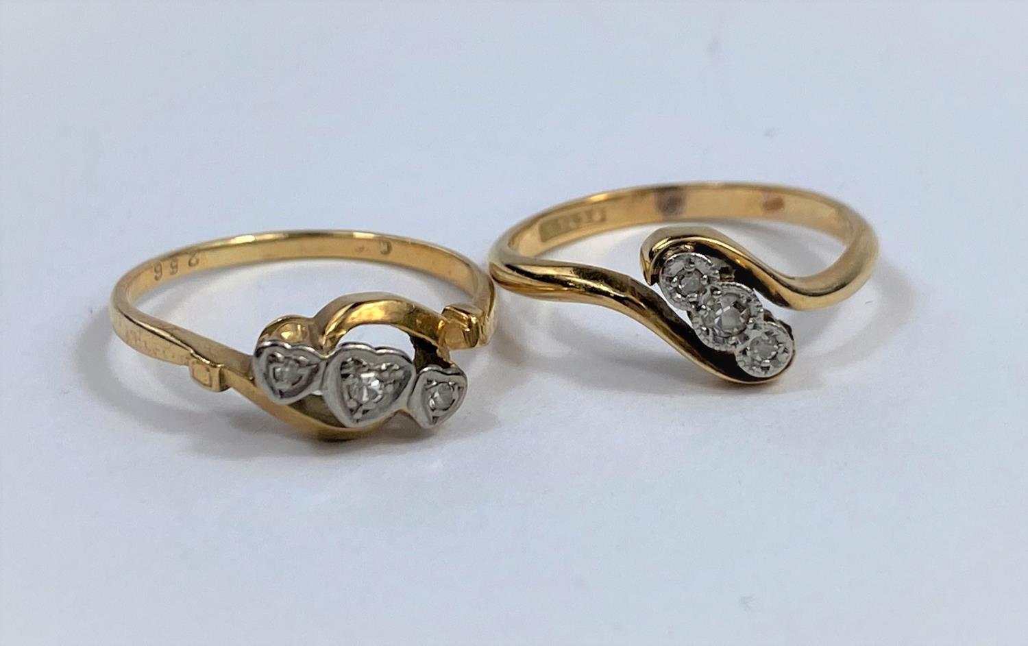 Two rings each with 3 diamonds in illusion setting, 1 stamped '18ct', 1 marks unclear, 4.3 gm - Image 2 of 2