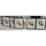 6 uniformly framed pictures of early War Ships from War Ships Revenge 1577 to English War Ship 1707,