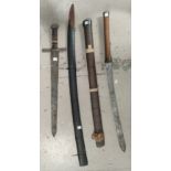 A Mid/Far Eastern sword with twine bound grip and leather clad wooden scabbard sword length 74cm;