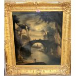 19th Century, Moonlit river landscape with figures on bridge and windmill, oil on canvas,