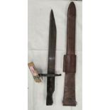 A Canadian Ross pattern Bayonet c.1910, leather scabbard; blade 25cm.