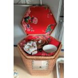 A Japanese porcelain picnic set in woven basket