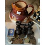 A Doulton Lambeth stoneware jug; a selection of coinage , a pair of