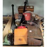 A selection of collectables: a coffee grinder; musical box; vintage tin; Indian clubs; etc.