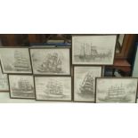 7 framed prints after K. Kirby, of pencil sketches of the Mersey, 25 x 38cm