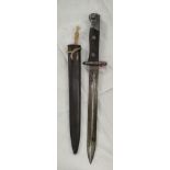 A Far Eastern Bayonet, probably WWII era, wood sides to handle, steel Scabbard; blade 25cm.