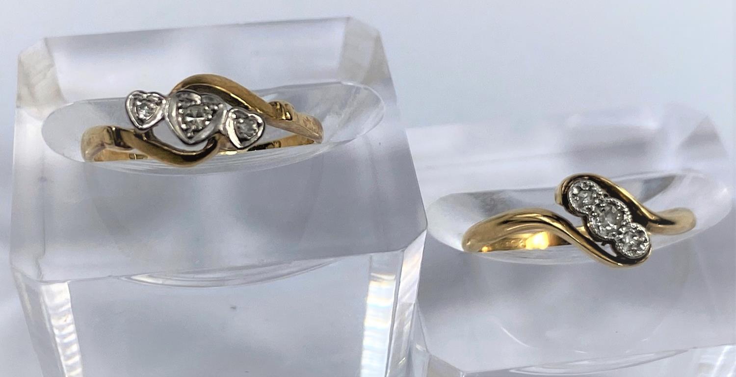 Two rings each with 3 diamonds in illusion setting, 1 stamped '18ct', 1 marks unclear, 4.3 gm