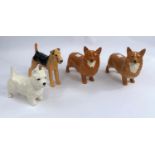 Four Beswick dogs, Airedale Terrier 962, West Highland Terrier 2038, two Corgis 1299 (1hairline)