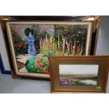A goache of a moor scene framed and glazed 24x40cm, a large oil painting copy of a Claude Monet