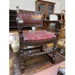 A set of 6 (4+2) Cromwellian style dining chairs with studded backs and read leather seats and backs