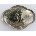 A hall marked silver tray with embossed cherub decoration, monogramed length 31cm London 1900 9.