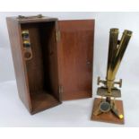 A 19th century Binocular Microscope, brass, unsigned, 40cm, mahogany case