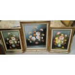 Three modern gilt framed oils on canvas depicting sill lifes of flowers, and another still life of