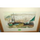 Fred Yates (1922-2008) Watercolour, harbour scene, signed on front and back, framed and glazed