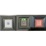 Three framed and glazed stamps, a Penny Black, Penny Blue and Penny Red.