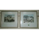After Hans Figura (Austrian): a pair of aquatint etchings on satin of snowy mountainous scences,